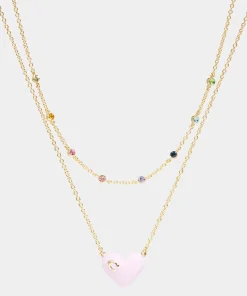 Necklaces*Coach Women's Enamel C Heart Double Chain Necklace - Gold/Pink Multi