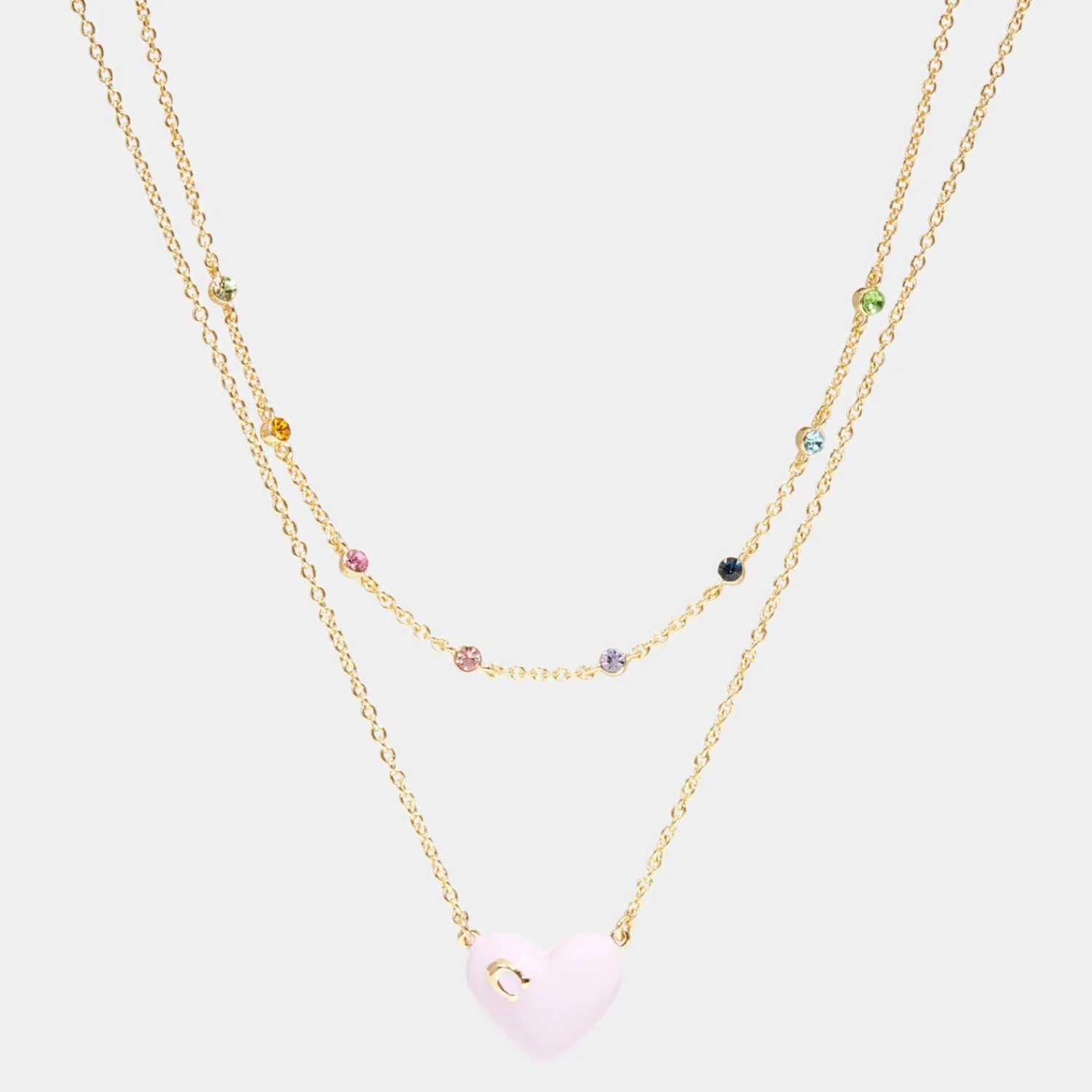 Necklaces*Coach Women's Enamel C Heart Double Chain Necklace - Gold/Pink Multi