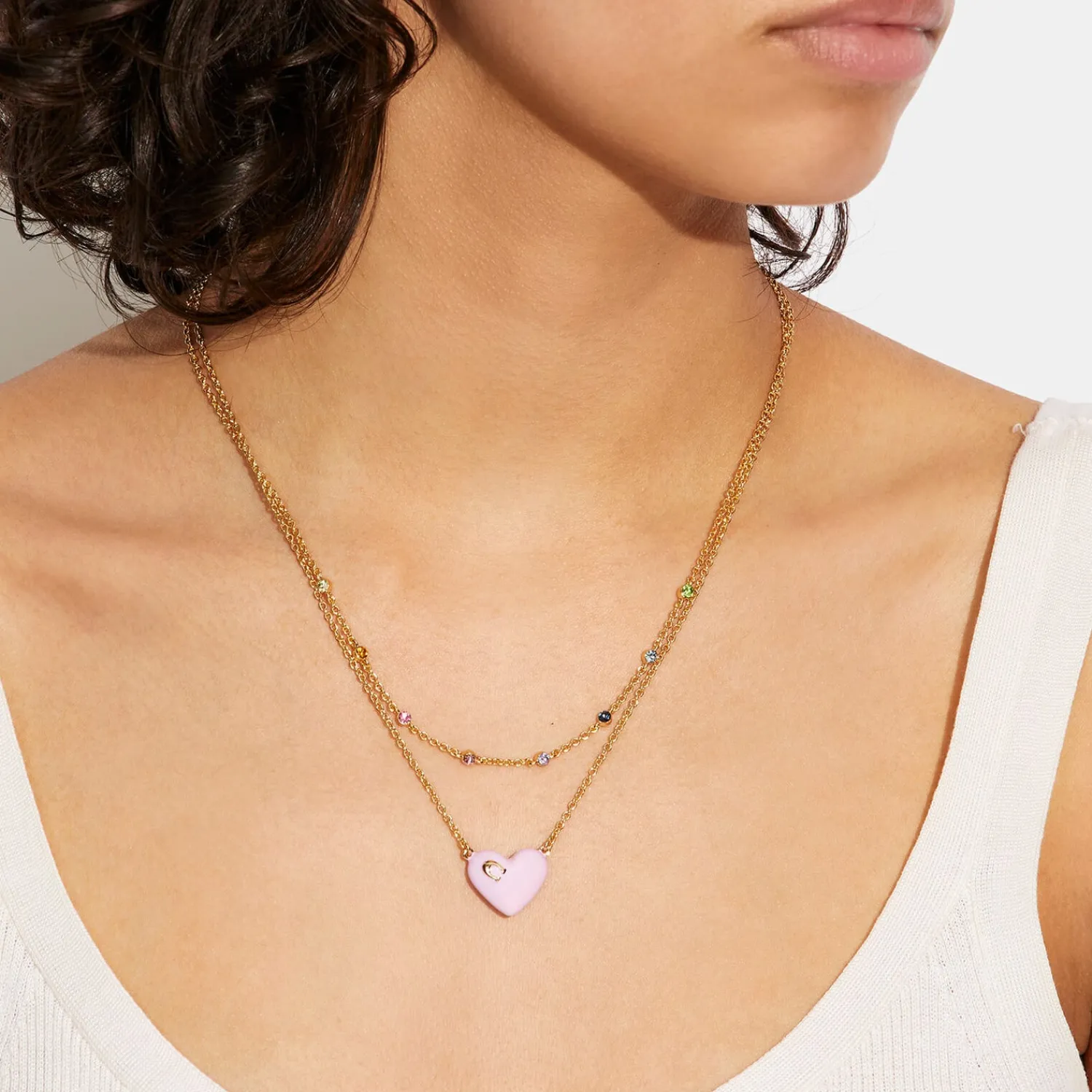 Necklaces*Coach Women's Enamel C Heart Double Chain Necklace - Gold/Pink Multi