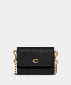 Purses And Cardholders*Coach Women's Refined Calf Leather Card Case With Chain - Black