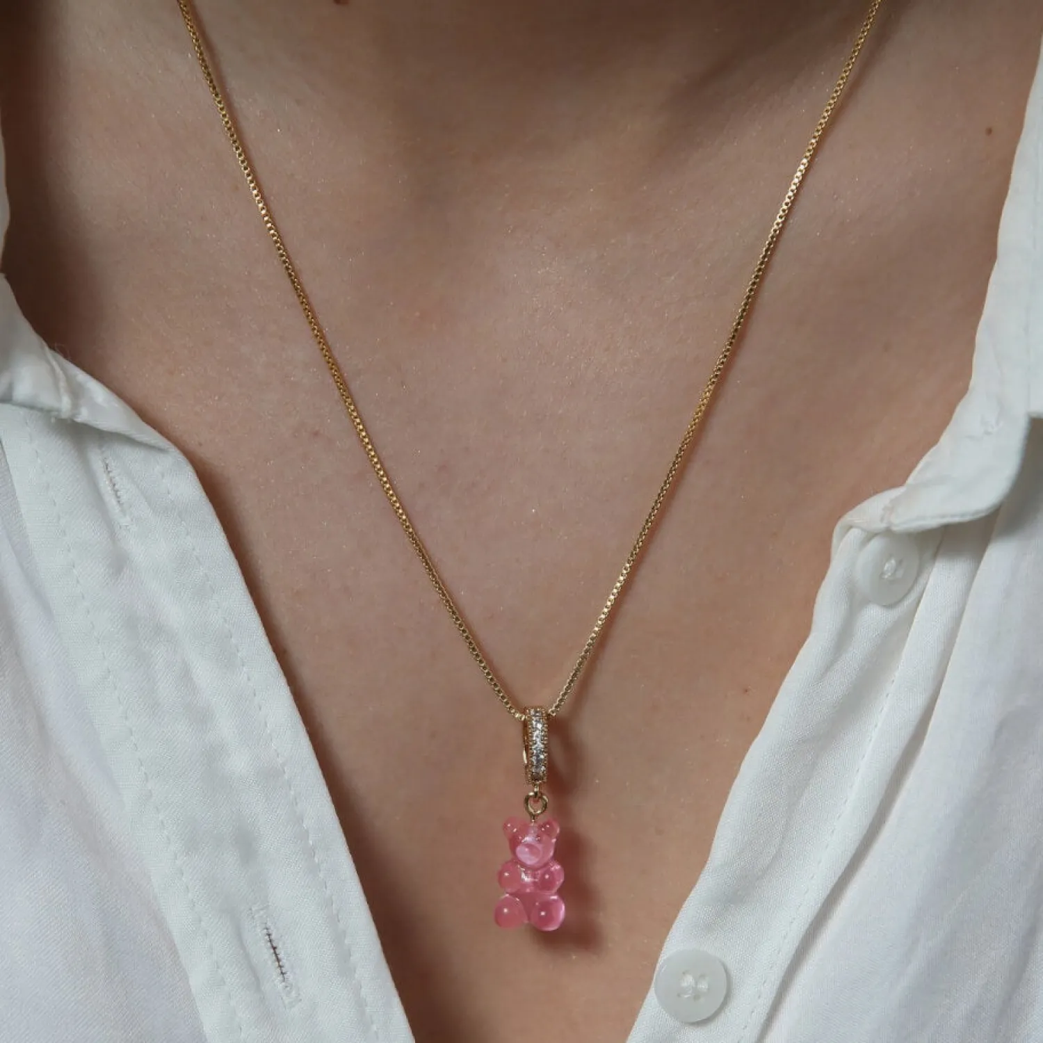 Necklaces*Crystal Haze Women's Jelly Nostalgia Bear Pave Pendant - Bubble Gum